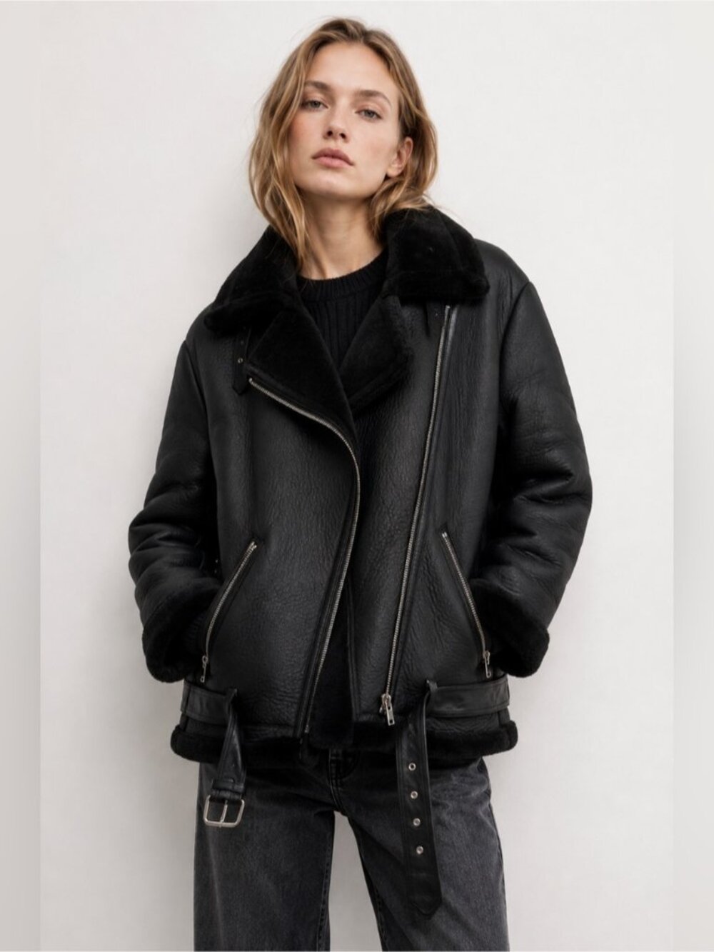 Zara Woman Size L Black Faux Shearling Aviator Jacket